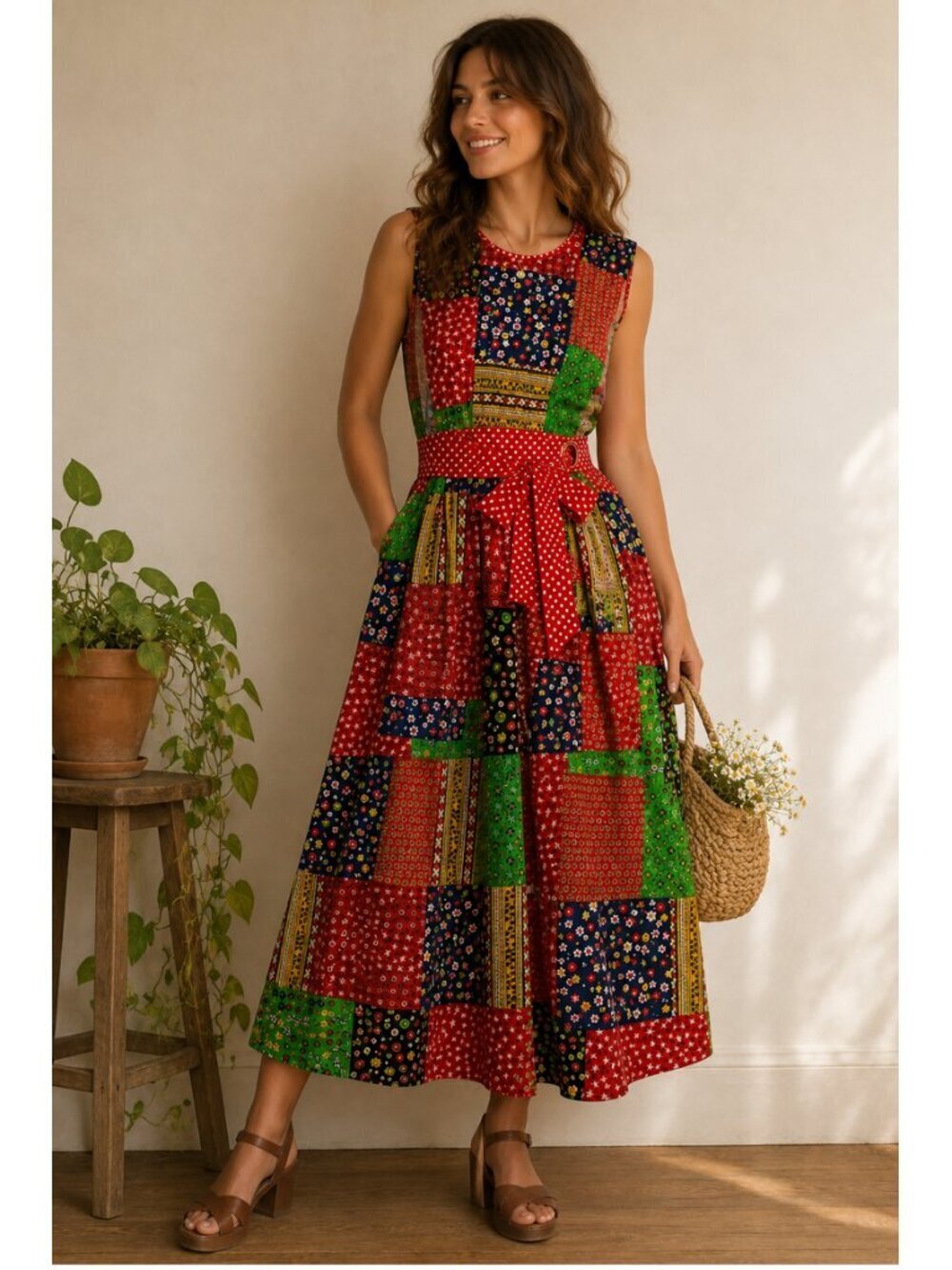Vintage Design House Dress 70s Red Green Patchwork Cottagecore Prairie Medium